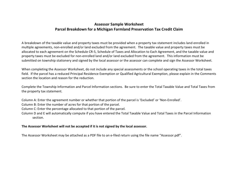 Download Instructions for Assessor Sample Worksheet Parcel Breakdown