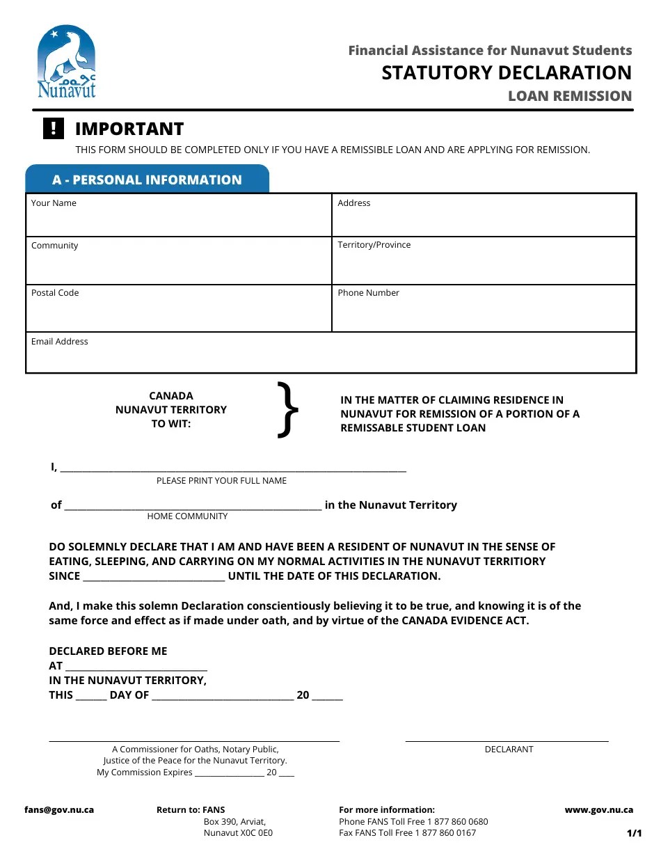Nunavut Canada Statutory Declaration Loan Remission Fill Out, Sign