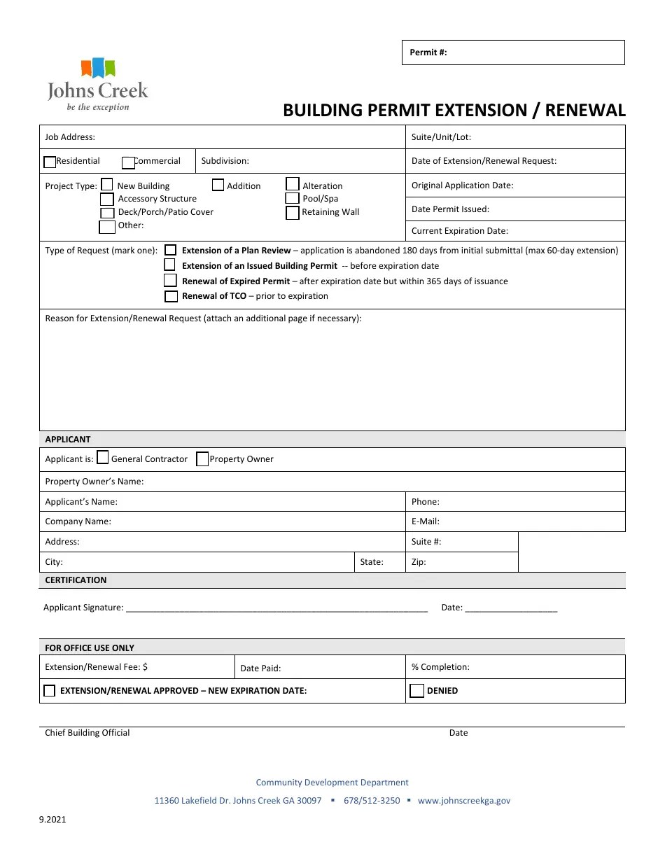City of Johns Creek, (United States) Building Permit Extension