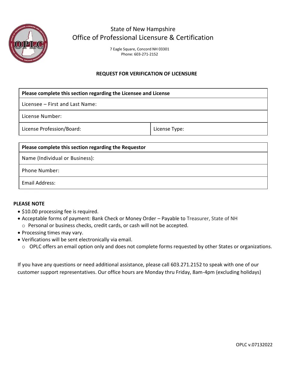 New Hampshire Request for Verification of Licensure Fill Out, Sign