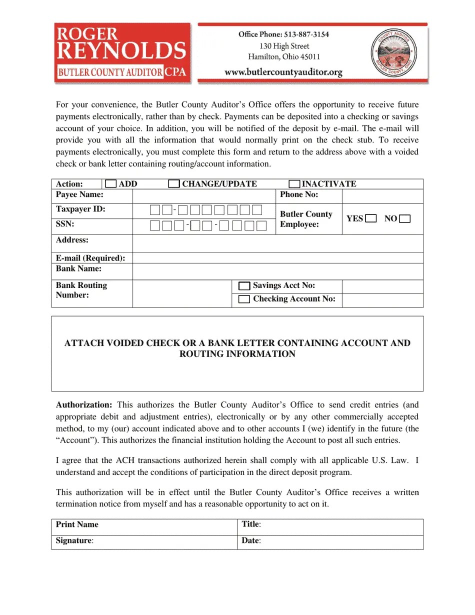Butler County, Ohio Electronic Fund Transfer Signup Form Download