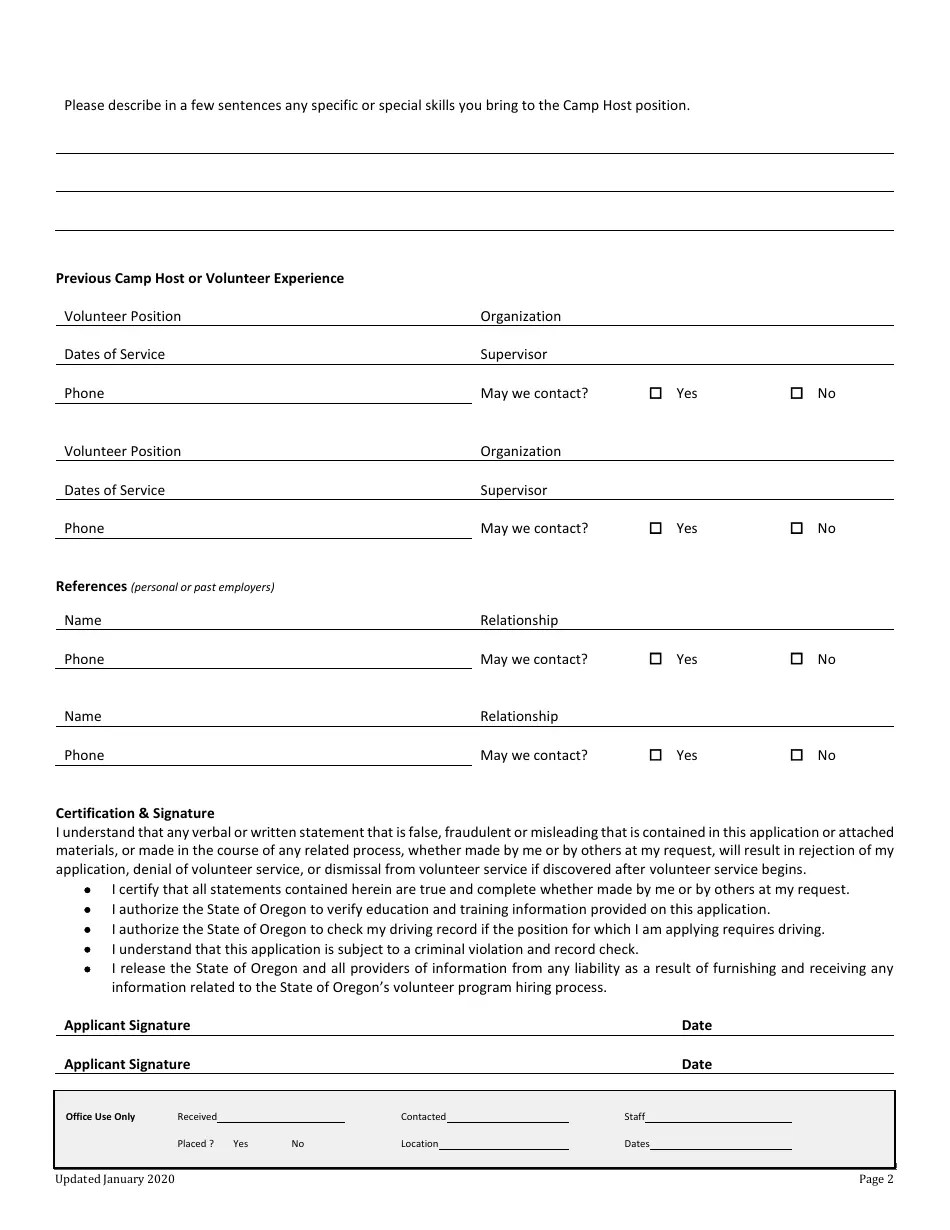 Oregon Volunteer Camp Host Application Fill Out, Sign Online and