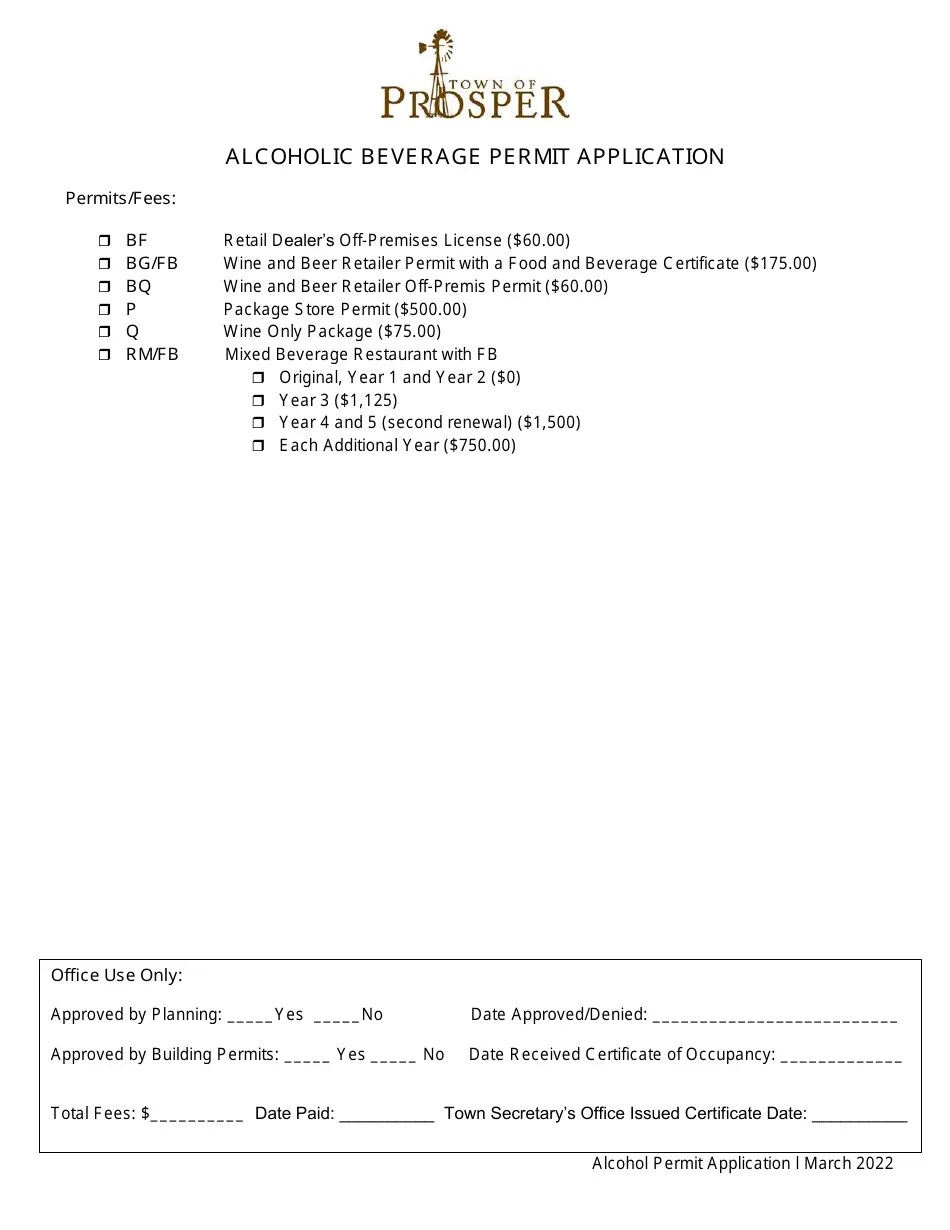 Town of Prosper, Texas Alcoholic Beverage Permit Application Fill Out