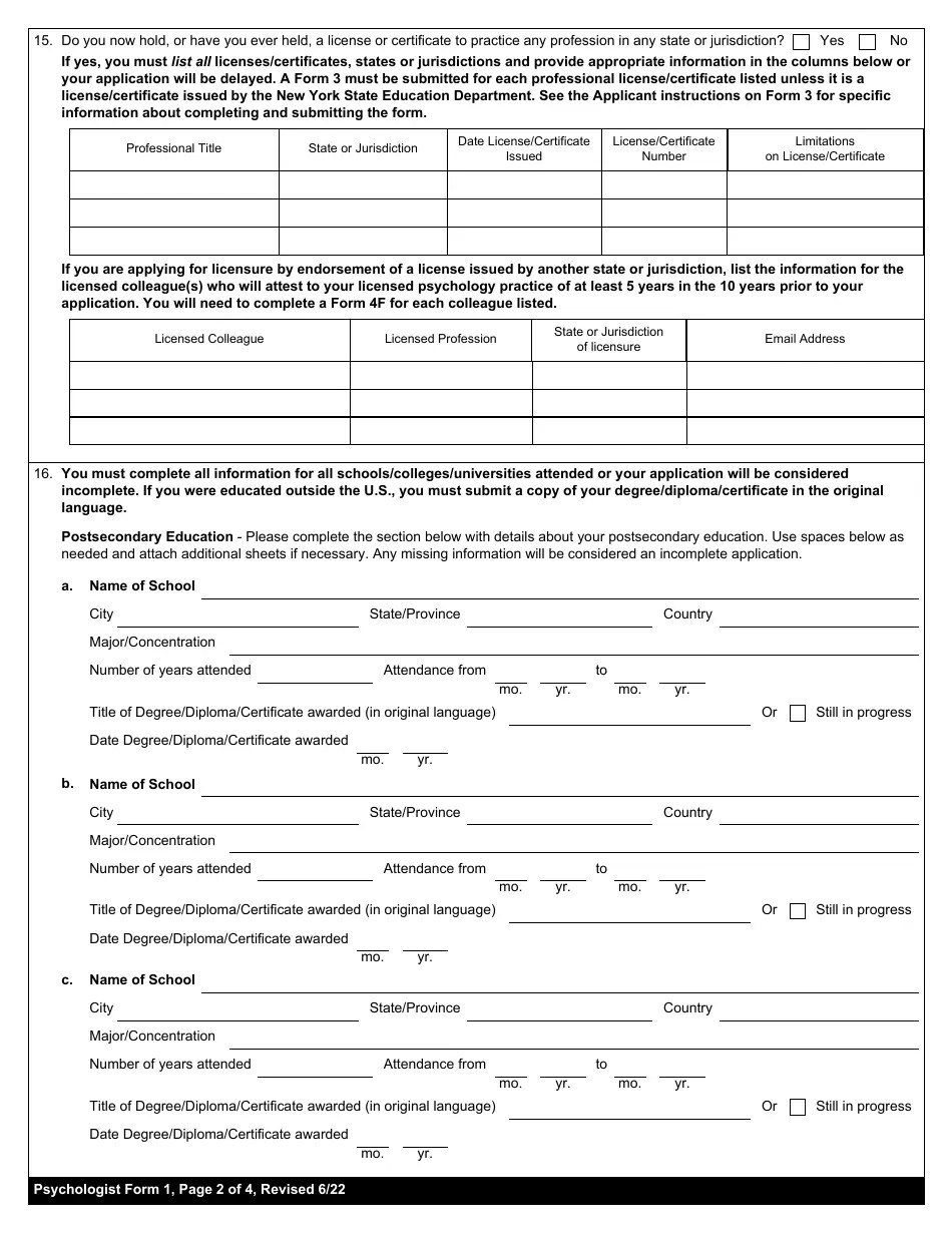 Psychologist Form 1 Download Fillable PDF or Fill Online Application for Licensure, New York
