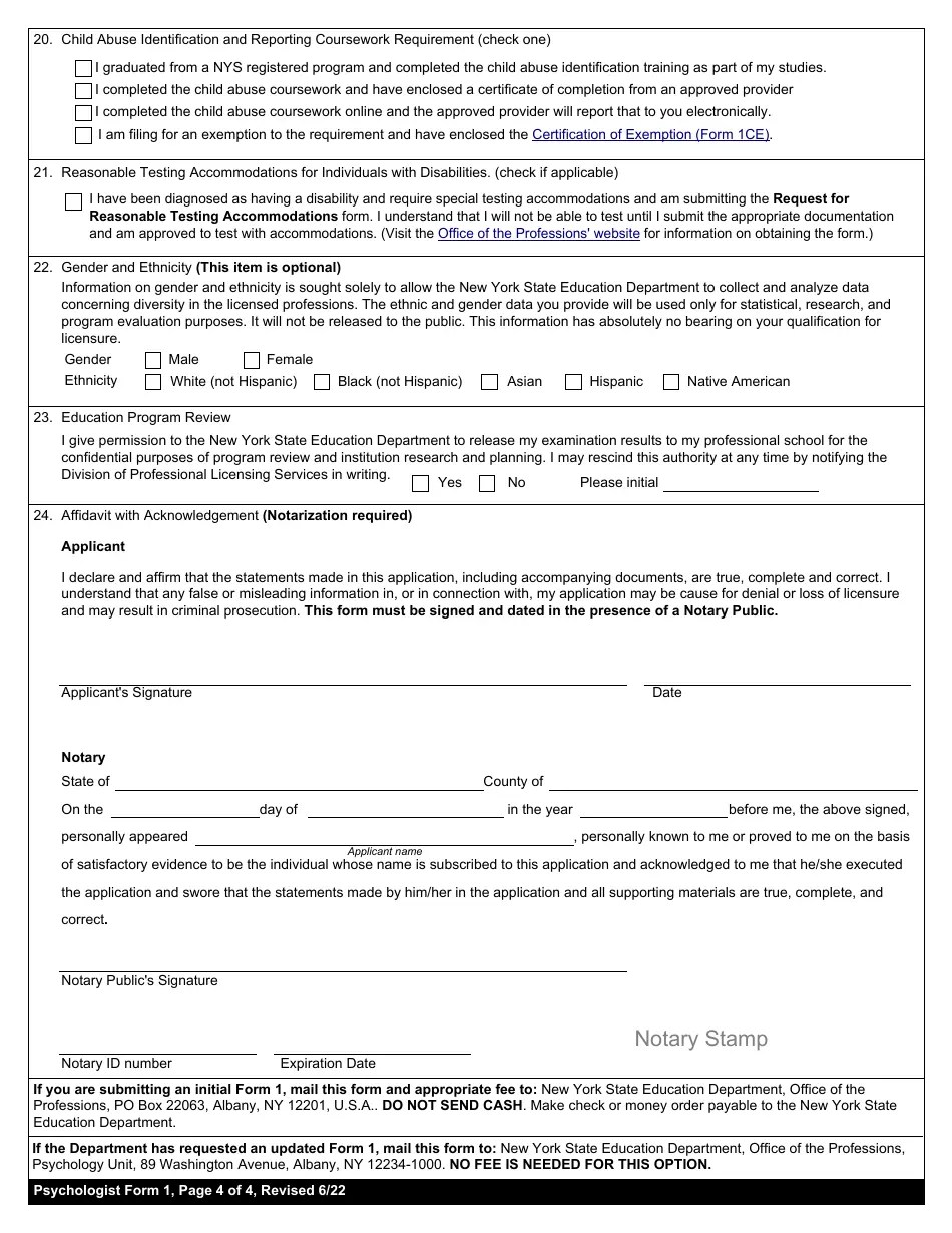 Psychologist Form 1 Download Fillable PDF or Fill Online Application for Licensure, New York