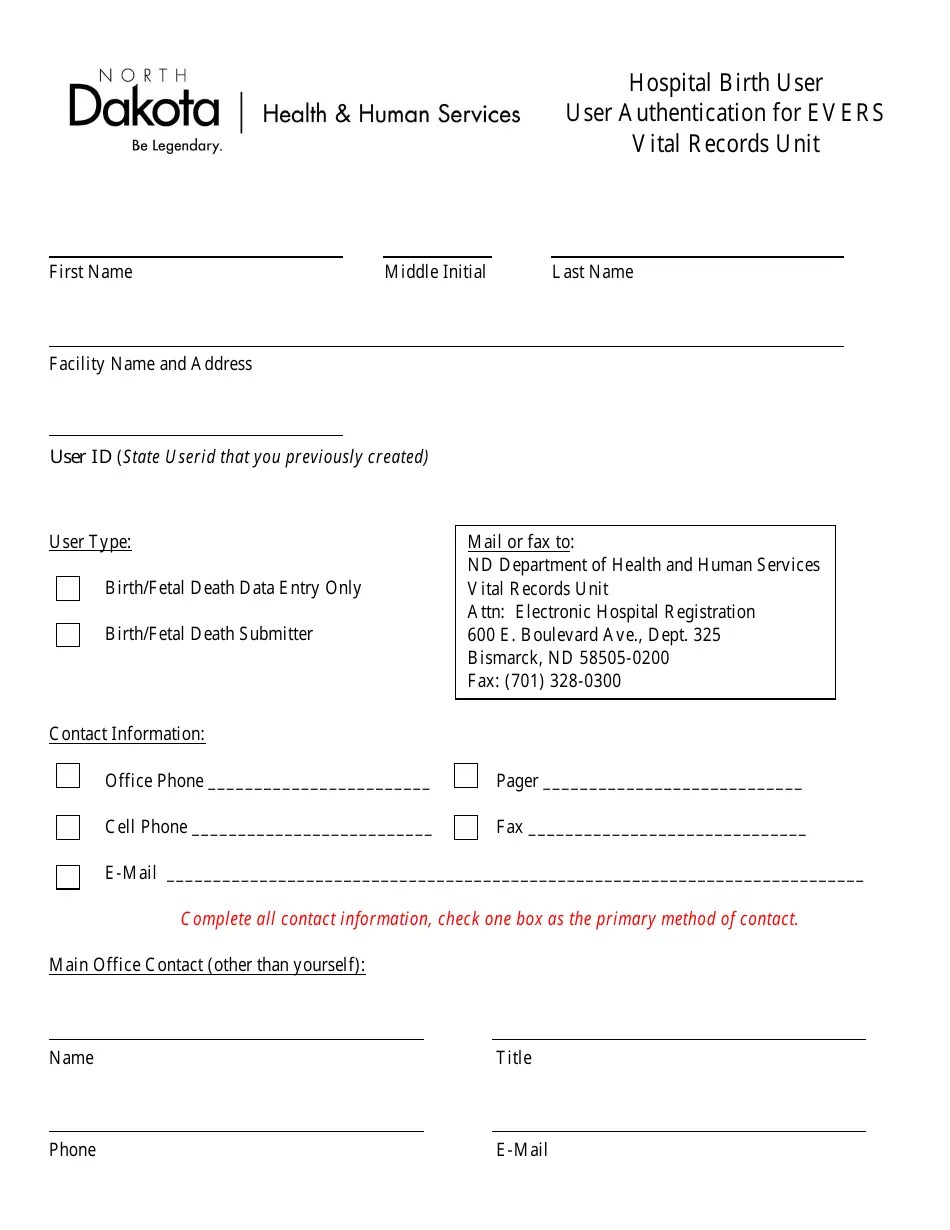 North Dakota Hospital Birth User Authentication for Evers Vital Records