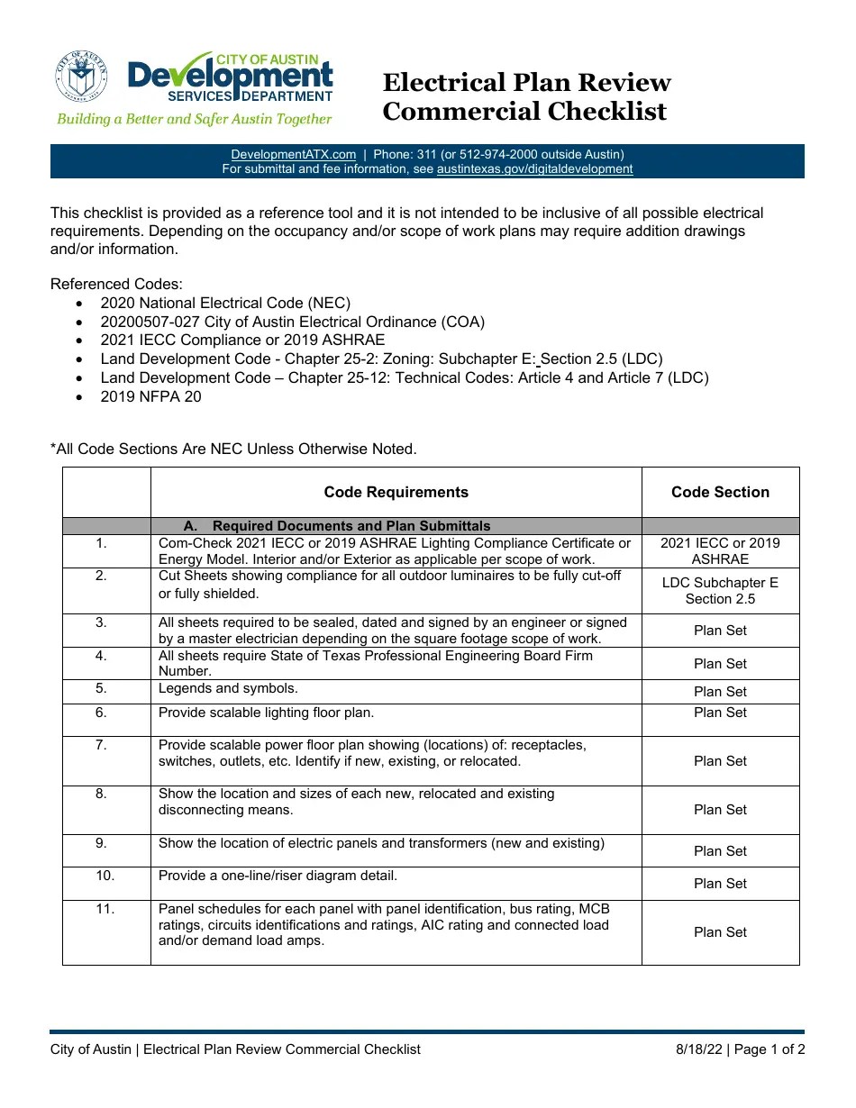 City of Austin, Texas Electrical Plan Review Commercial Checklist