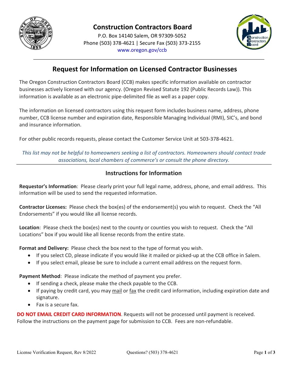 Oregon Request for Information on Licensed Contractor Businesses