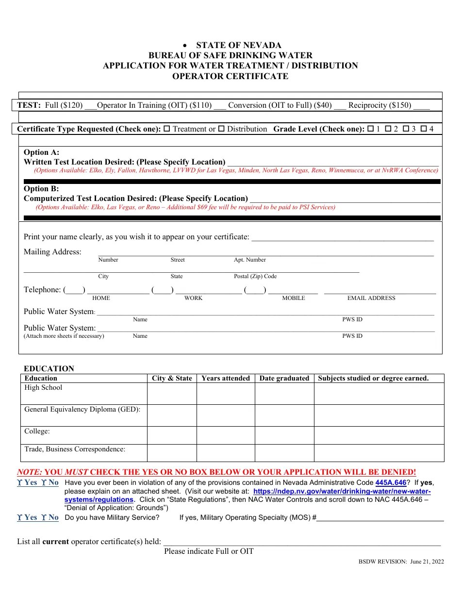 Nevada Application for Water Treatment/Distribution Operator