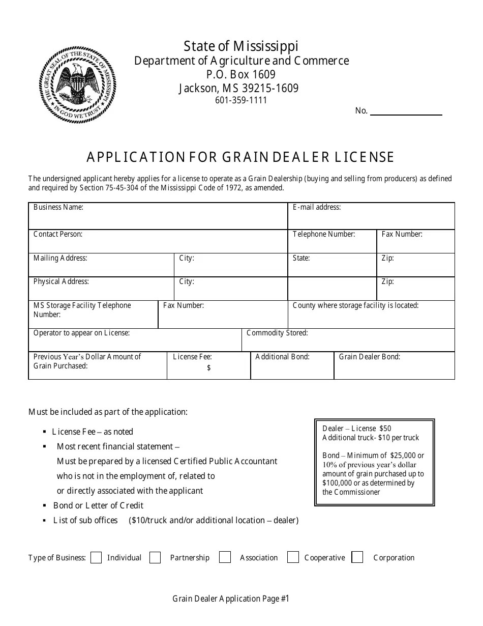 Mississippi Application for Grain Dealer License Fill Out, Sign