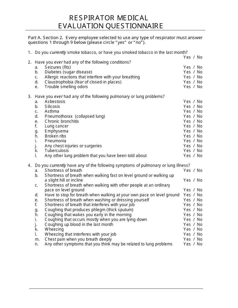 Respirator Medical Evaluation Questionnaire Fill Out, Sign Online and