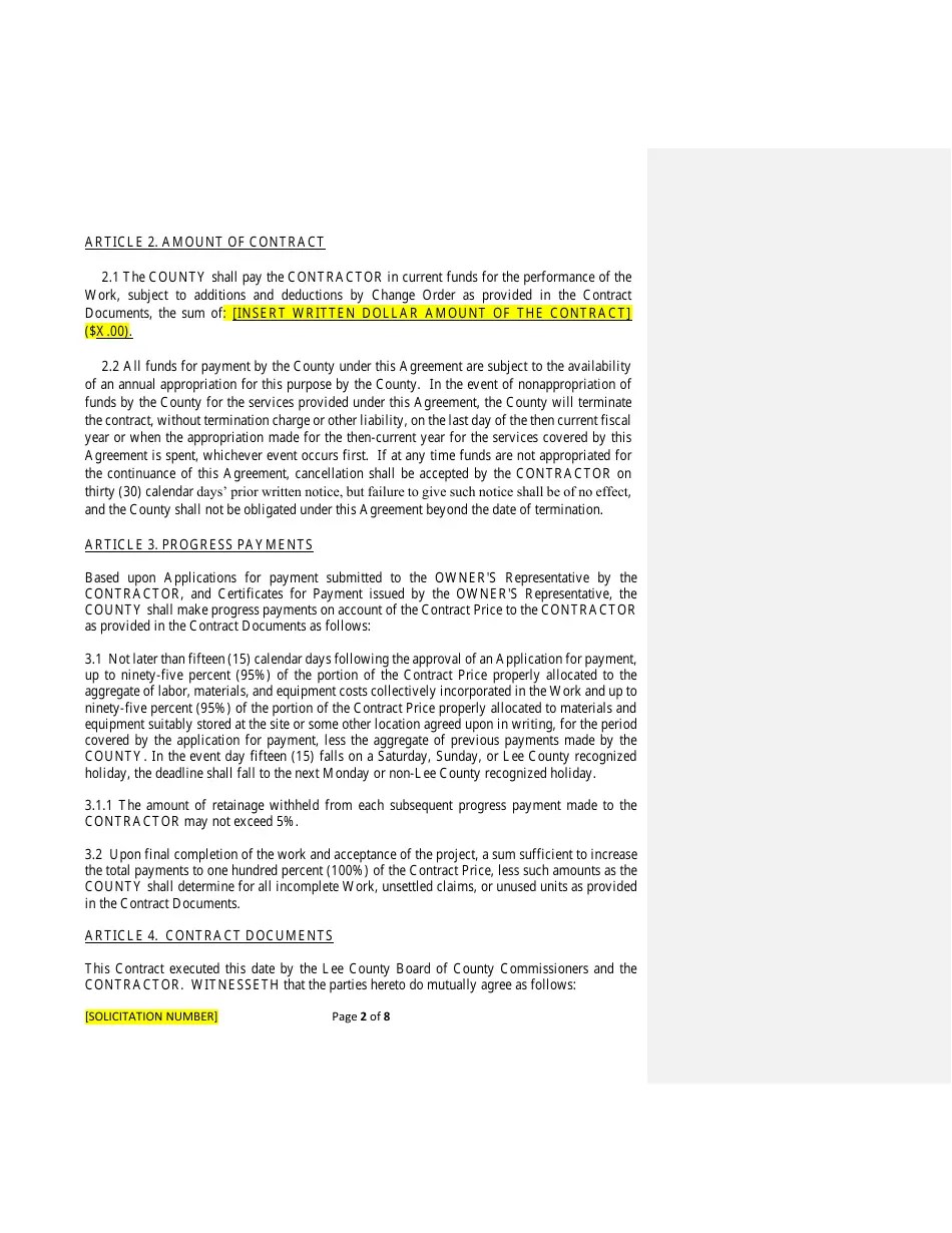 Lee County, Florida Lee County Construction Contract Agreement Form