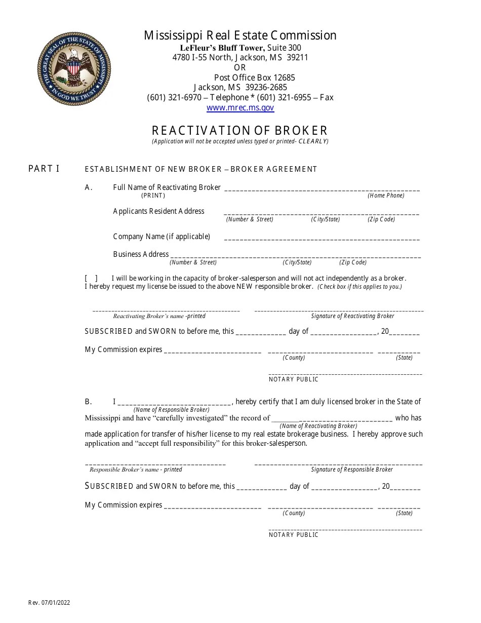 Mississippi Reactivation of Broker Fill Out, Sign Online and Download