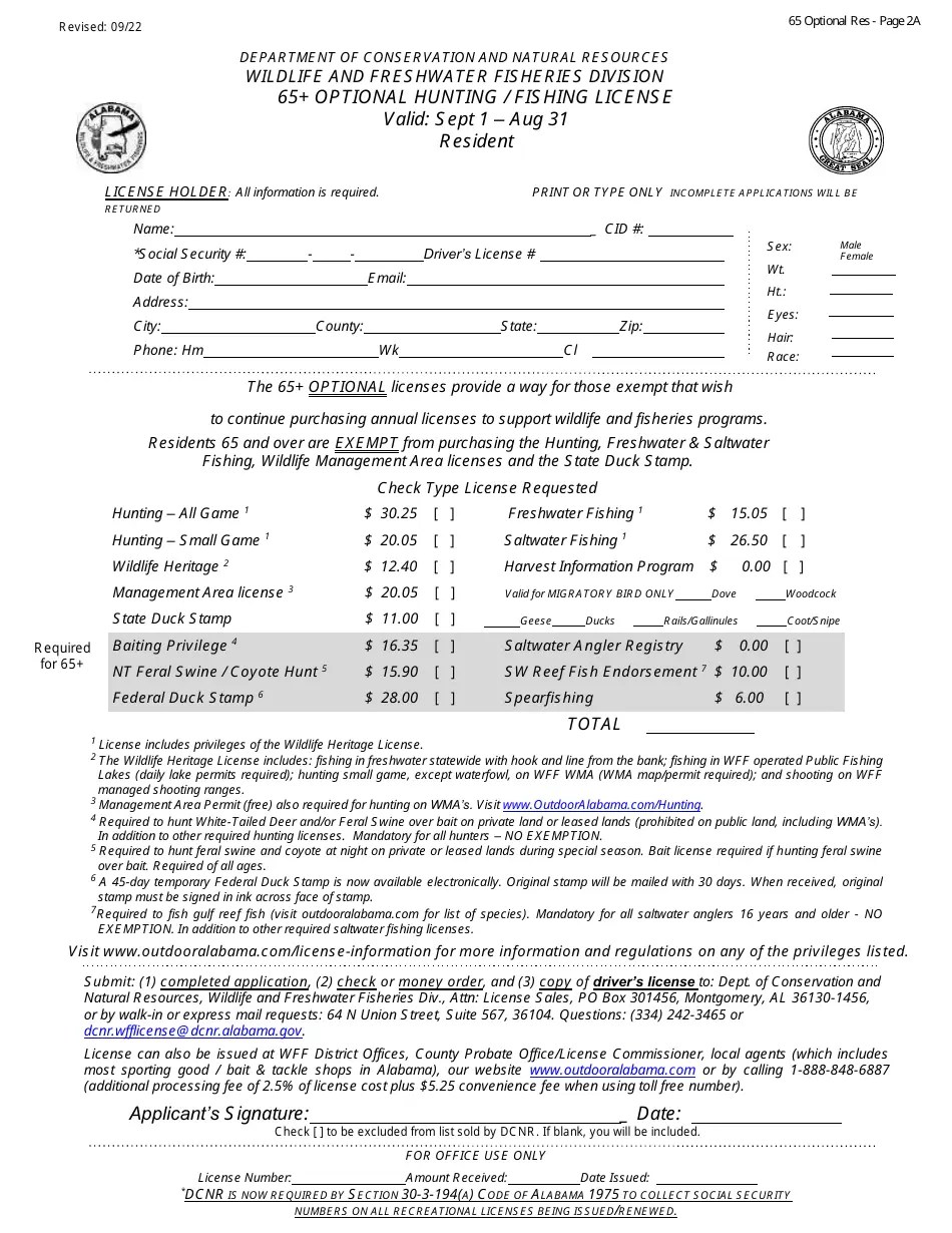2023 Alabama 65+ Optional Hunting/Fishing License Resident Download