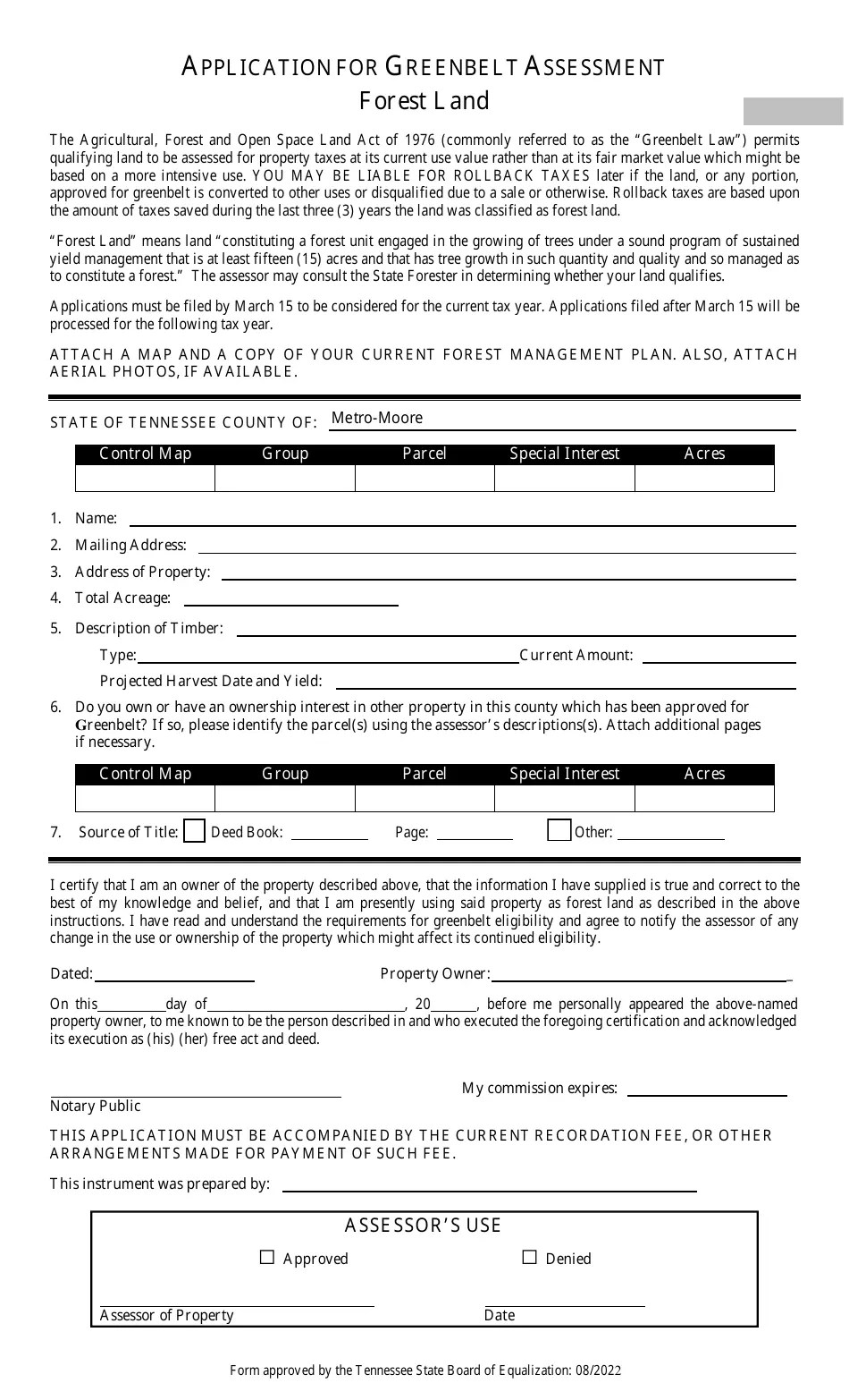 Tennessee Application for Greenbelt Assessment Forest Land Fill Out, Sign Online and