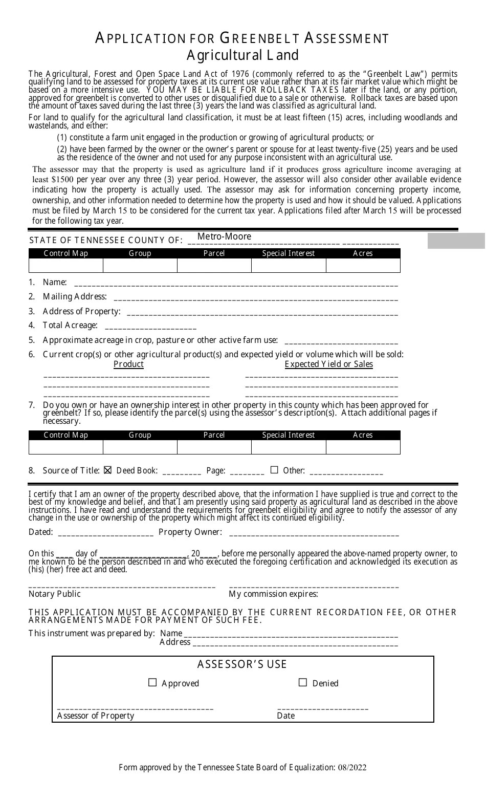 Tennessee Application for Greenbelt Assessment Forest Land Fill Out, Sign Online and