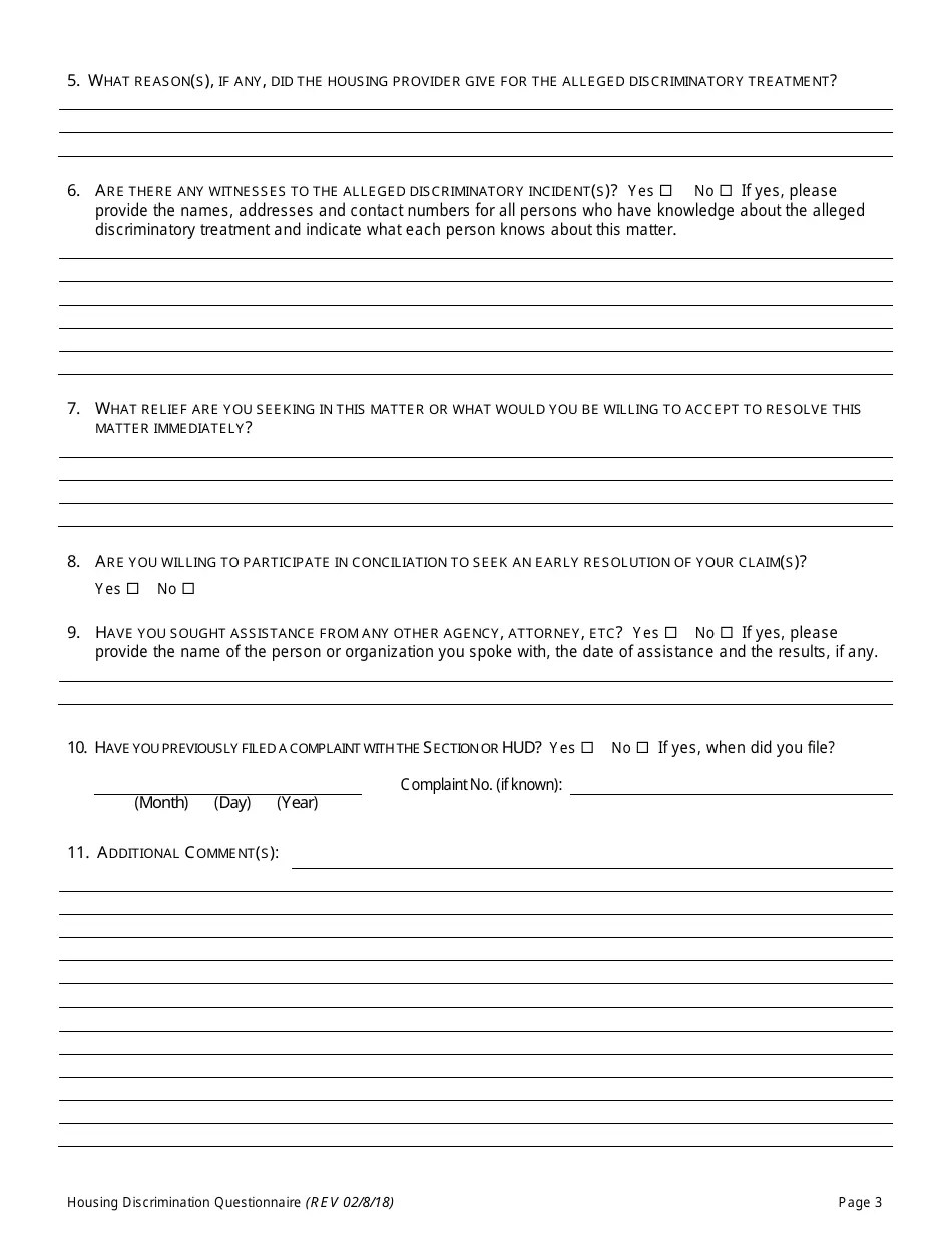 Broward County, Florida Housing Discrimination Complaint Questionnaire