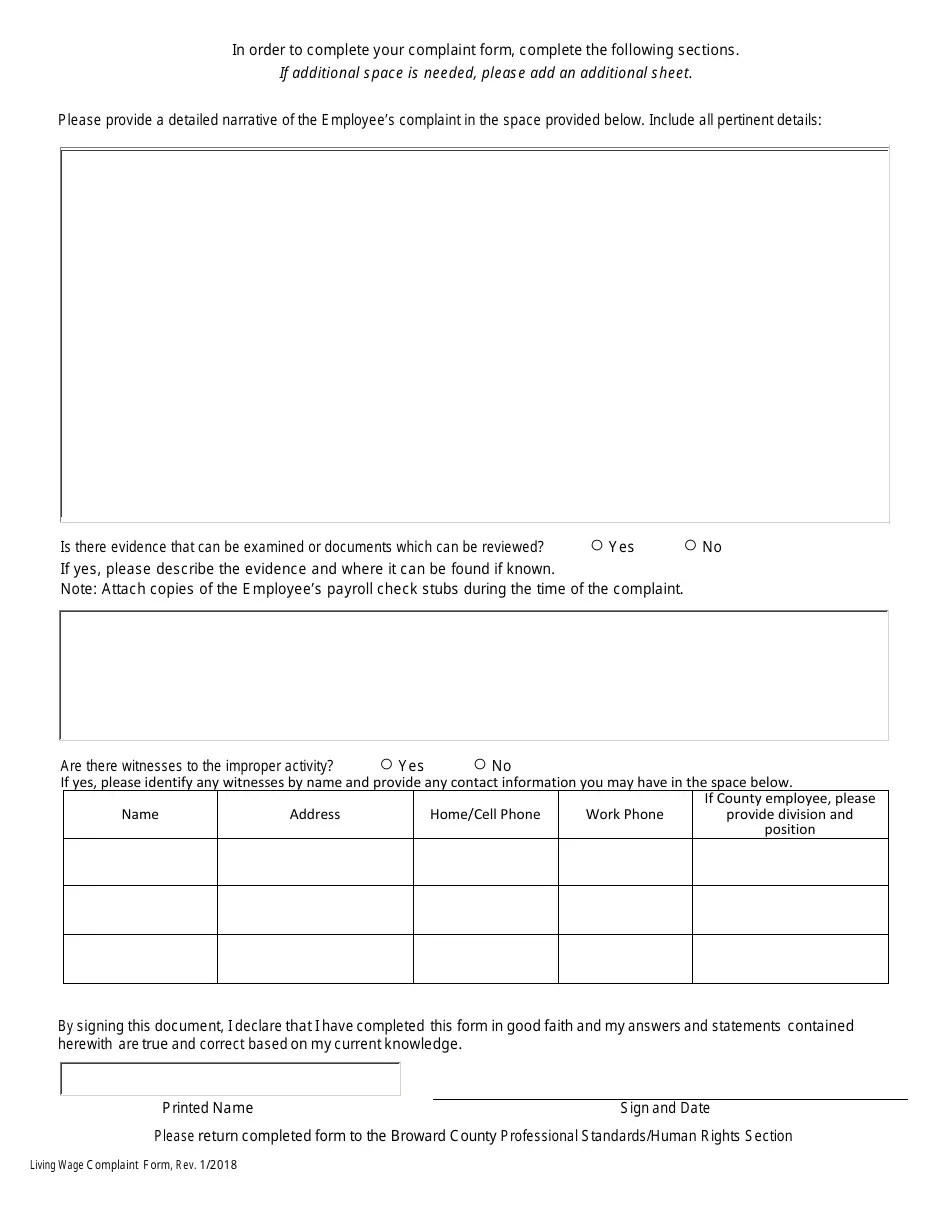 Broward County, Florida Living Wage Complaint Form Fill Out, Sign