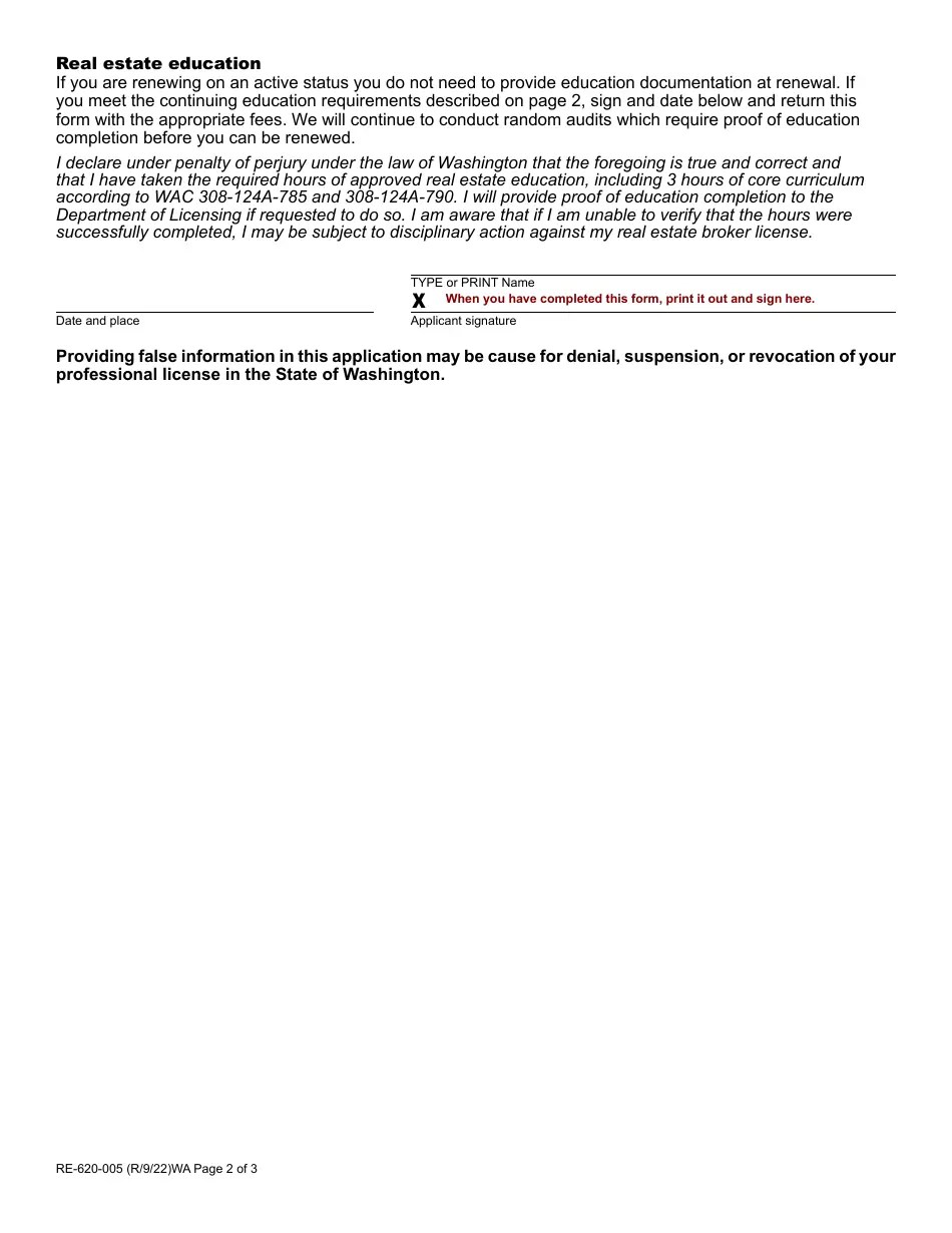 Form RE620005 Download Fillable PDF or Fill Online Real Estate License Renewal, Washington