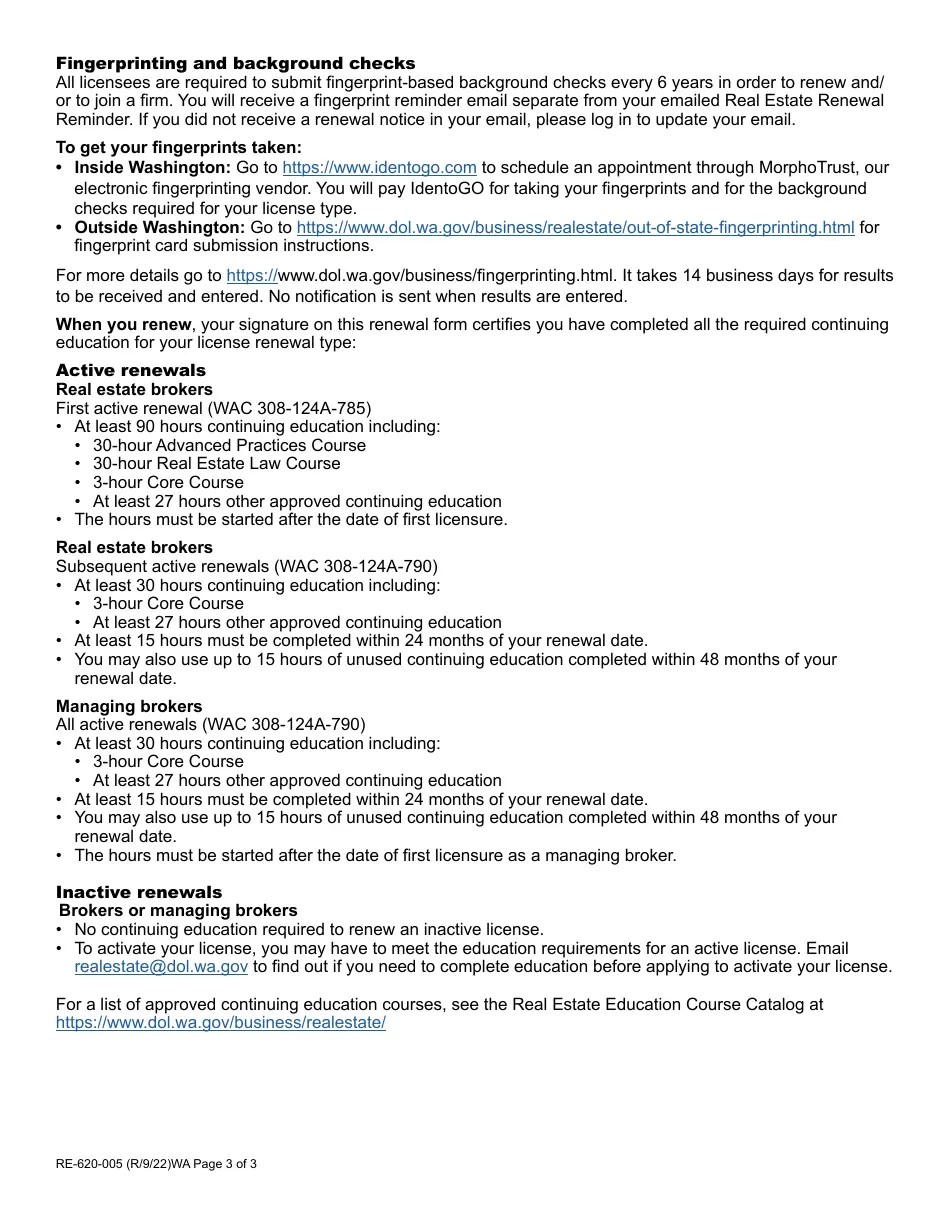 Form RE620005 Download Fillable PDF or Fill Online Real Estate License Renewal, Washington