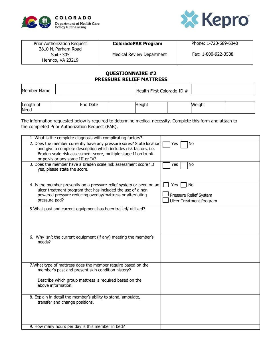 Colorado Questionnaire 2 Pressure Relief Mattress Download Fillable