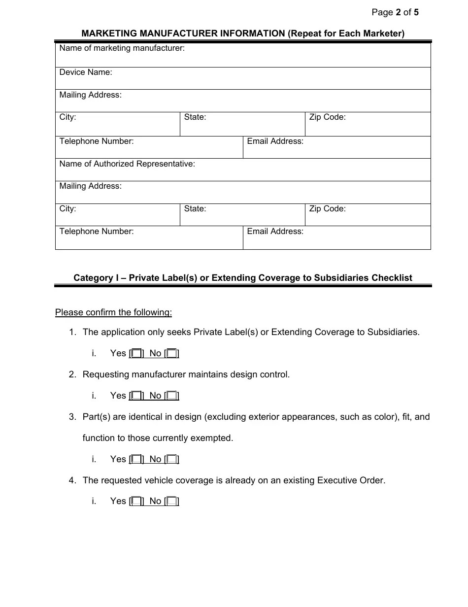 California Exemption Application Category I Private Label(S) or