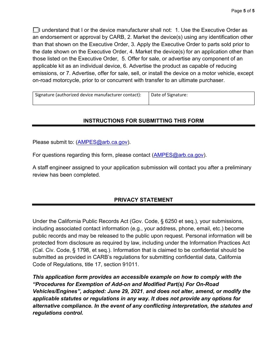California Exemption Application Category VII Precatalyst Exhaust