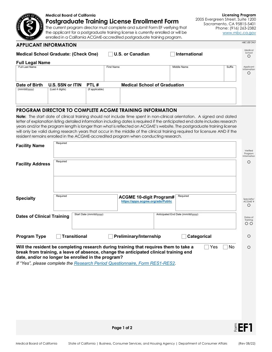 Form EF Download Fillable PDF or Fill Online Postgraduate Training