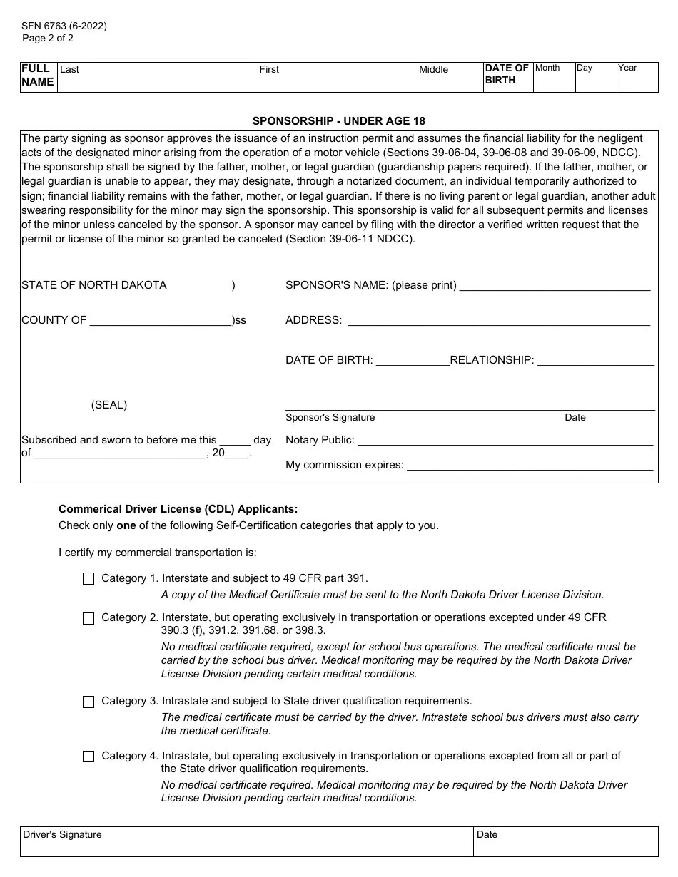 Form SFN6763 Download Fillable PDF or Fill Online Application for North