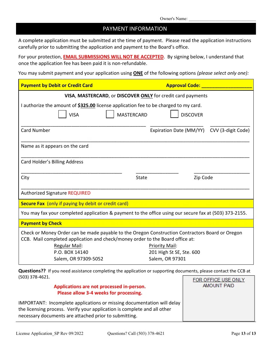 Oregon License Application for Sole Proprietorship (Residential