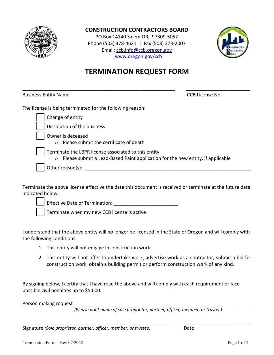 Oregon Termination Request Form Download Fillable PDF Templateroller