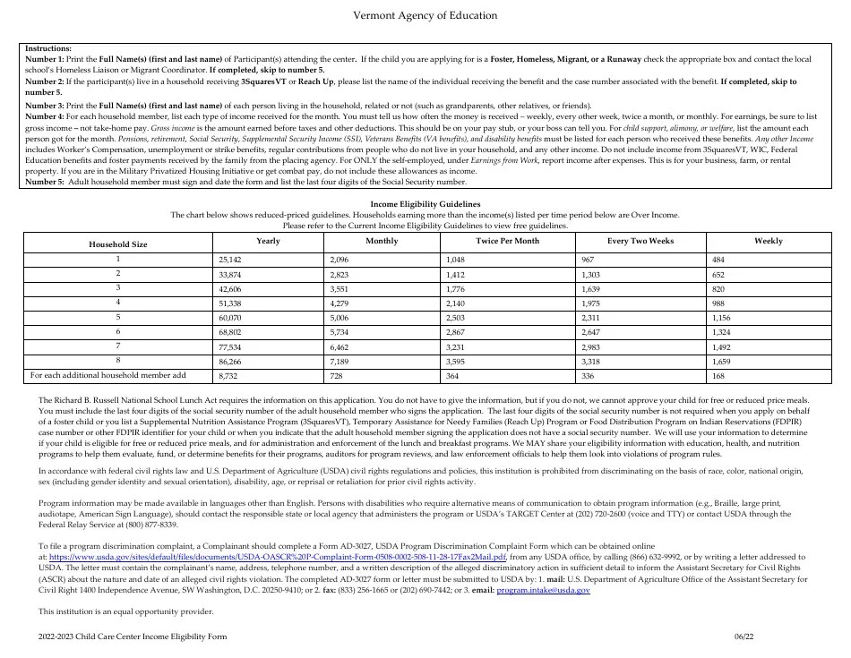 2023 Vermont Child Care Center Eligibility Form Child and