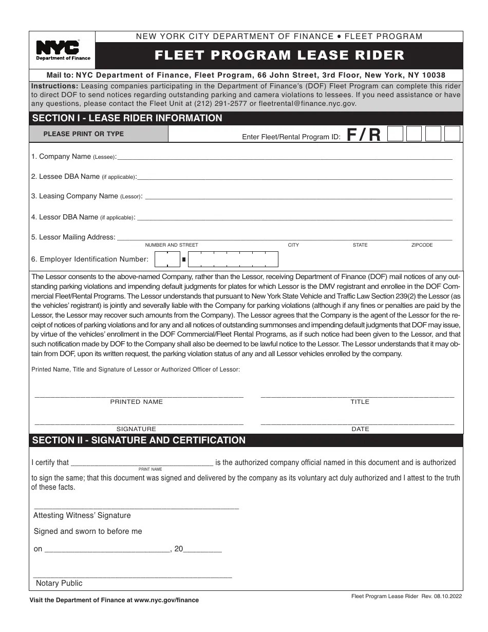 New York City Fleet Program Lease Rider Fill Out, Sign Online and