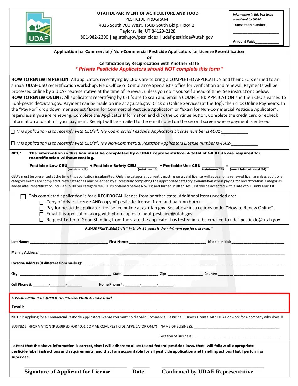 Utah Application for Pesticide Applicators