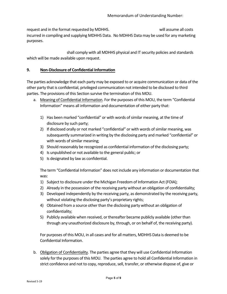 Michigan Memorandum of Understanding (Mou) Restaurant Meal Program