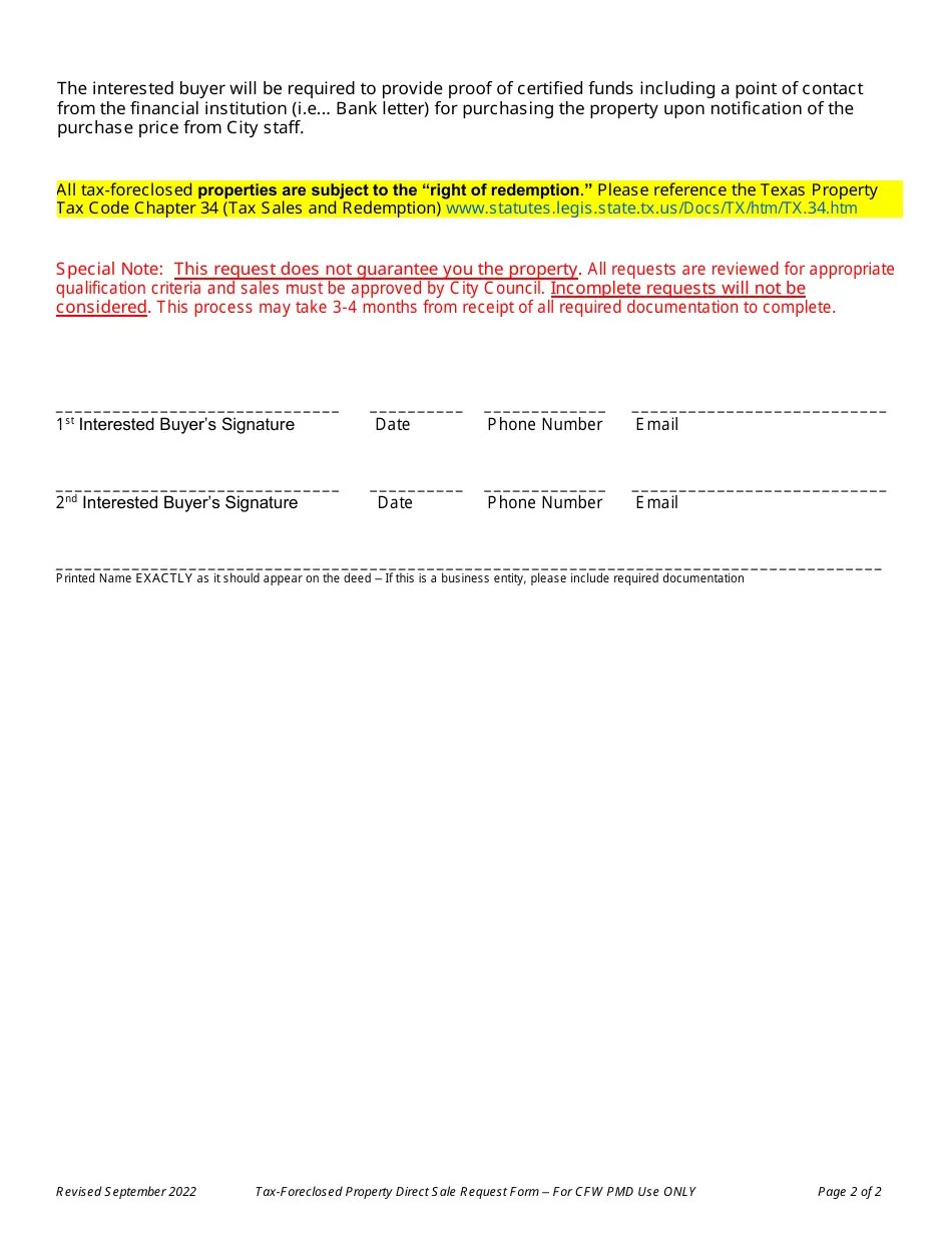 City of Fort Worth, Texas TaxForeclosed Property Direct Sale Request