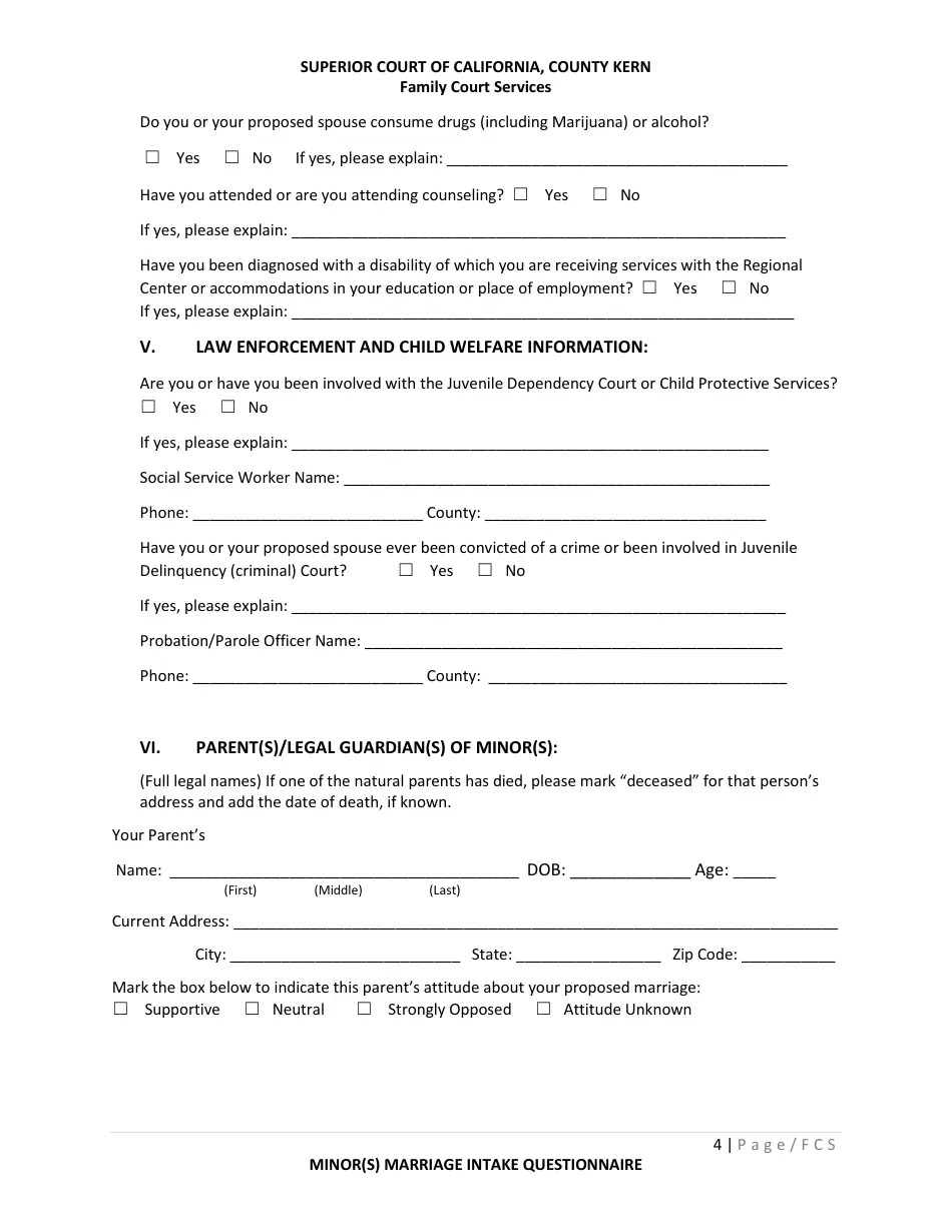 County of Kern, California Minor(S) Marriage Intake Questionnaire
