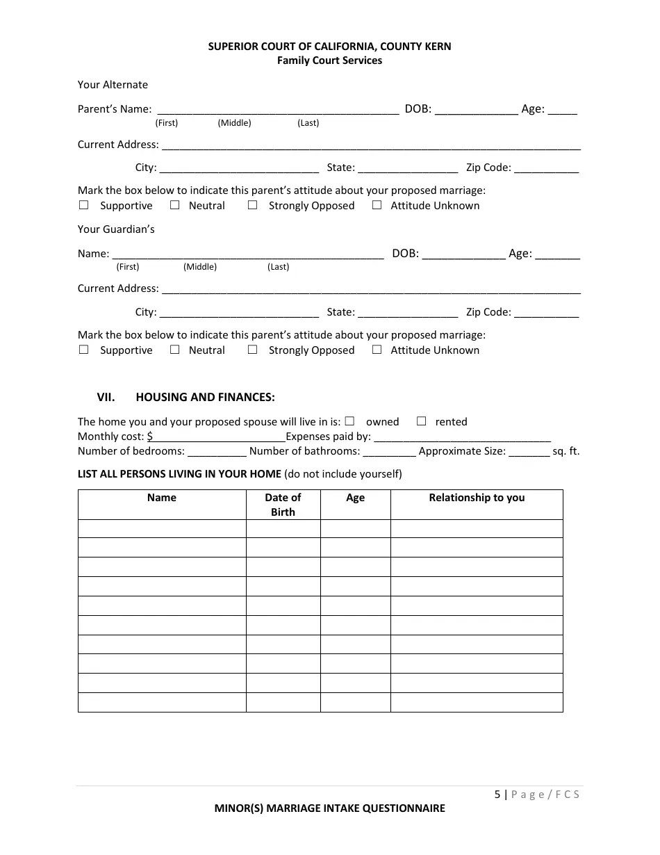 County of Kern, California Minor(S) Marriage Intake Questionnaire