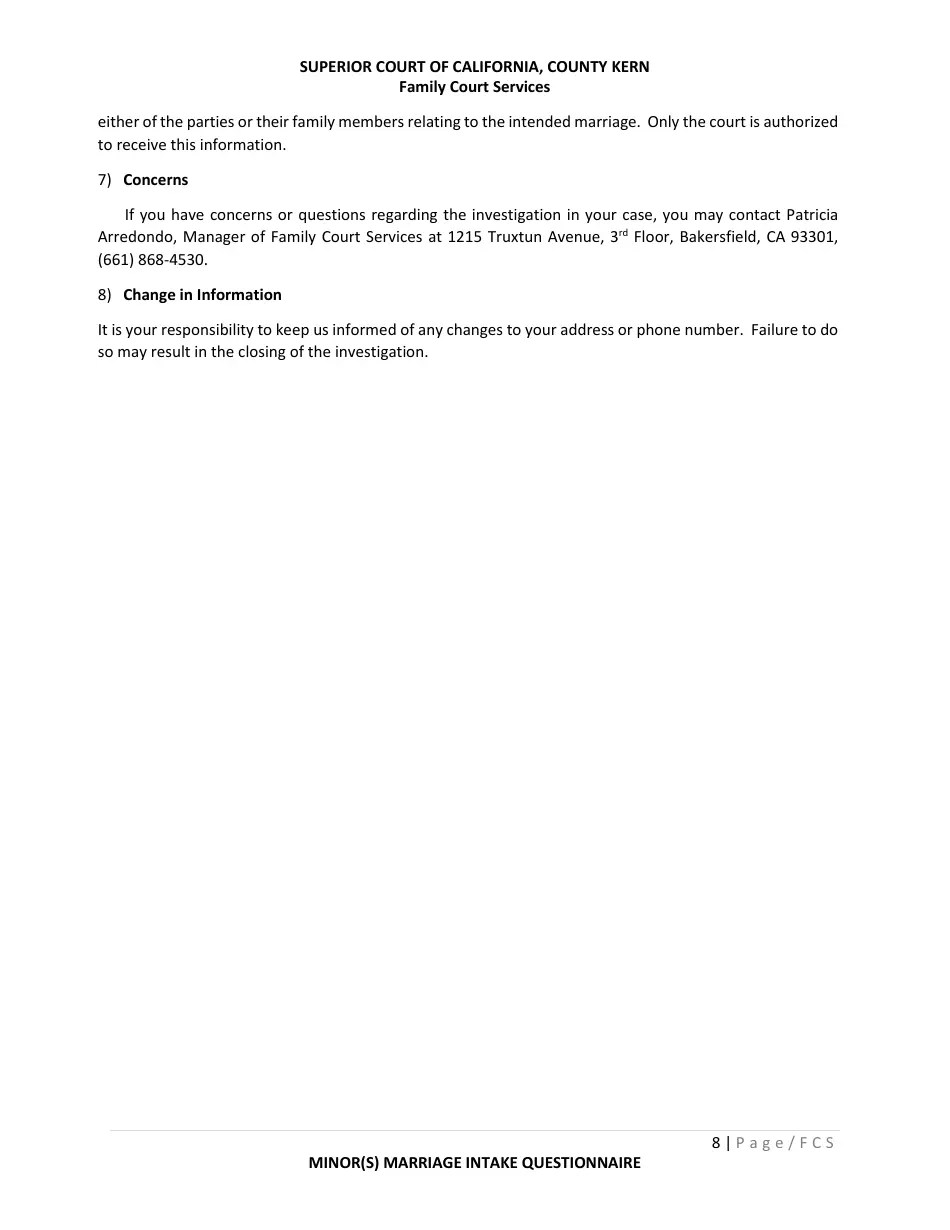County of Kern, California Minor(S) Marriage Intake Questionnaire