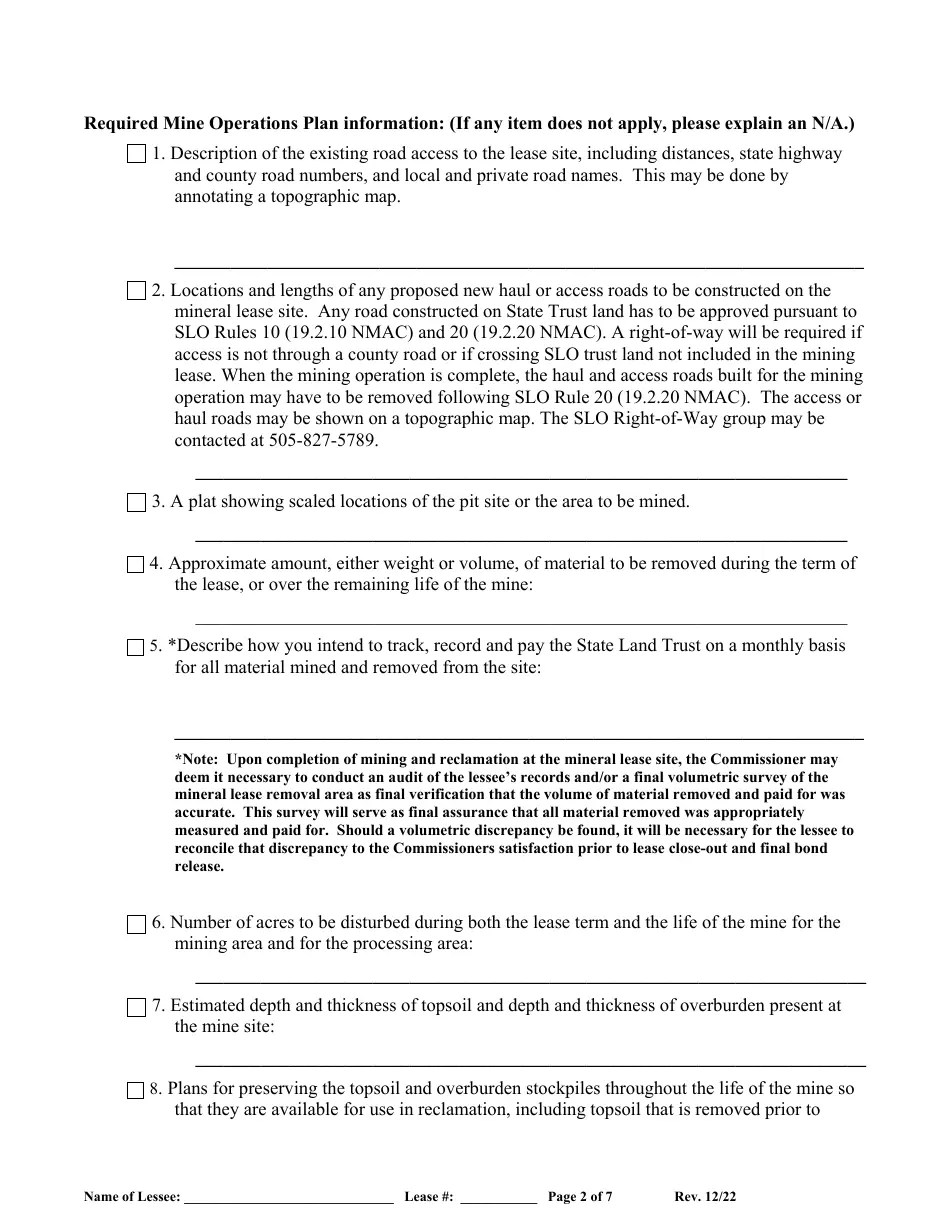 New Mexico Mine Operation Plan (Mop) for New Mexico State Land Office