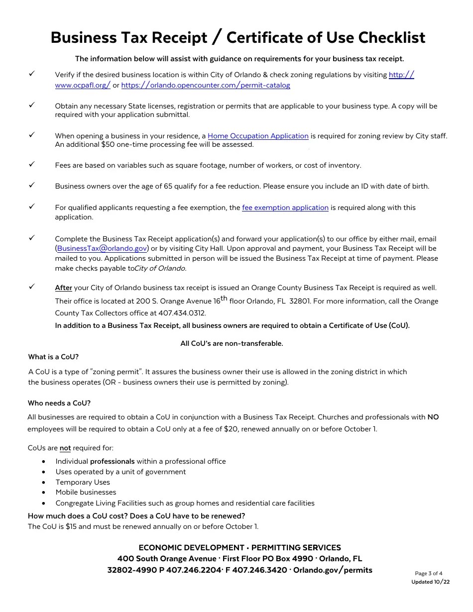 City of Orlando, Florida Business Tax Receipt & Certificate of Use