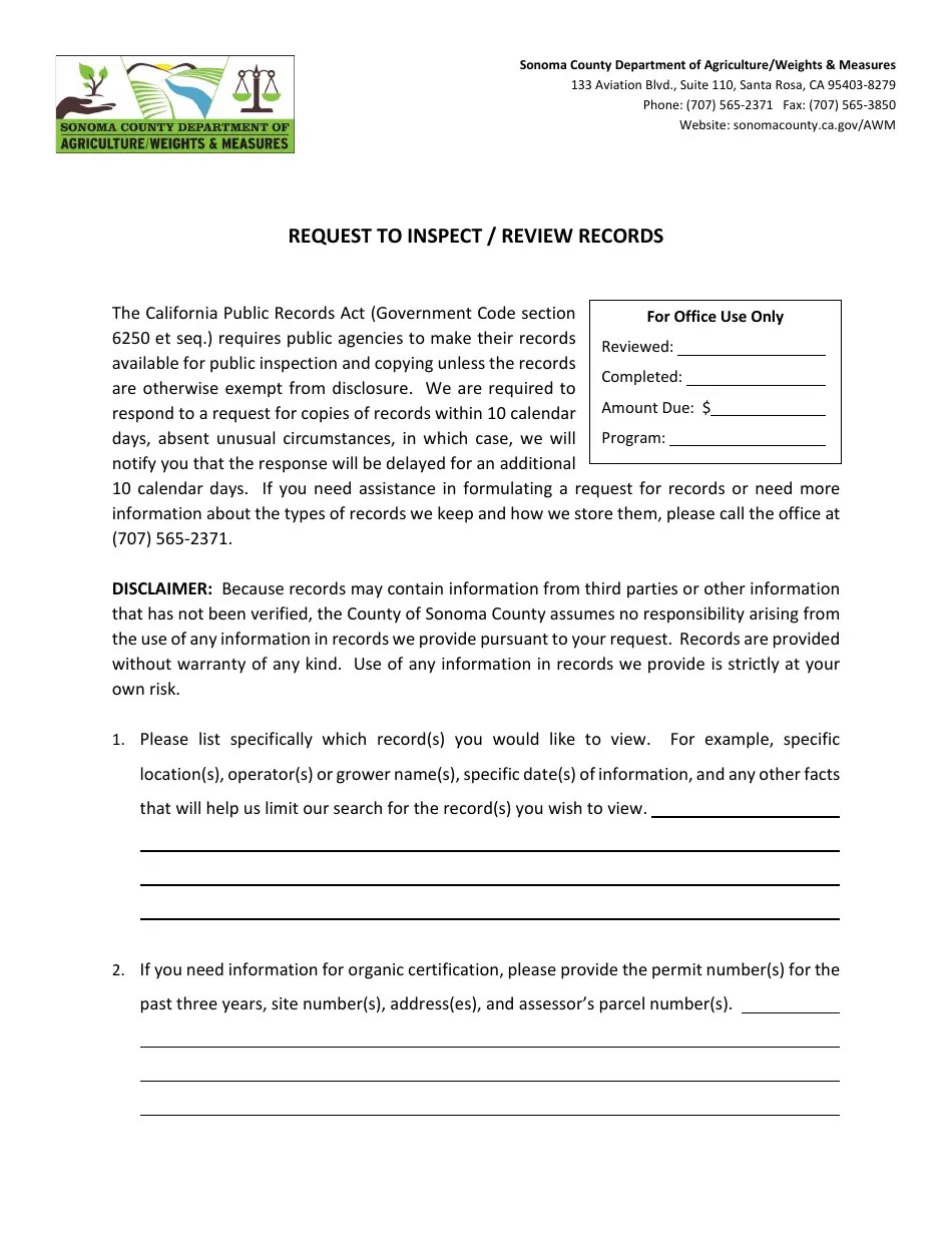 Sonoma County, California Request to Inspect/Review Records Fill Out