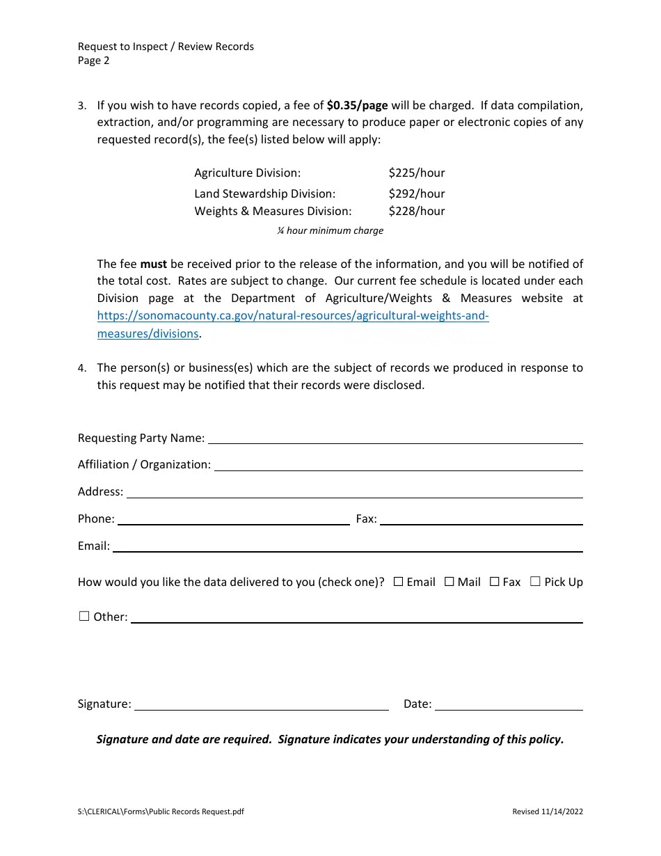 Sonoma County, California Request to Inspect/Review Records Fill Out