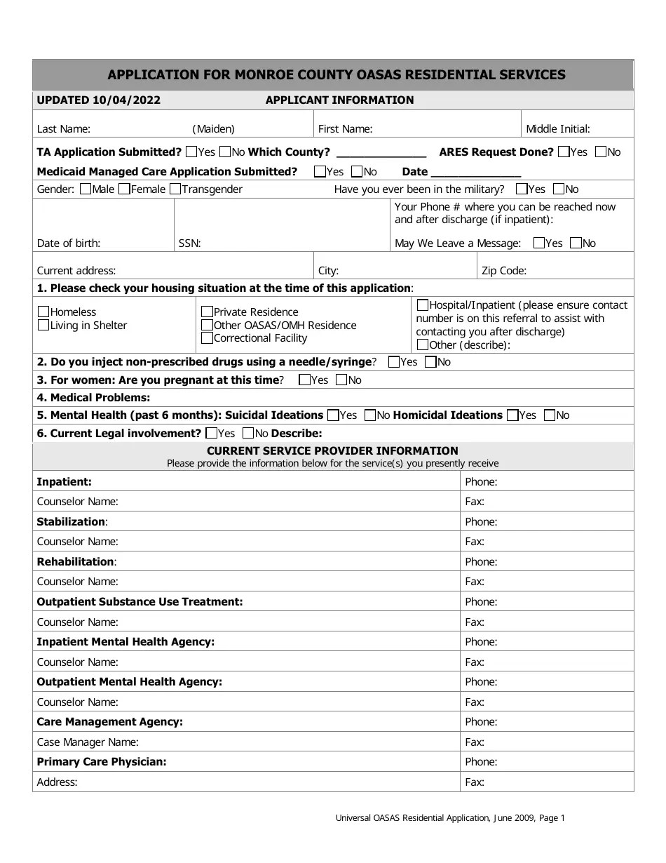 Monroe County, New York Application for Monroe County Oasas Residential
