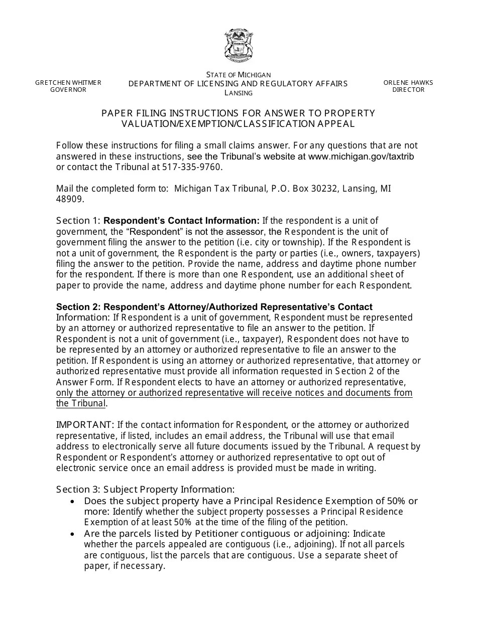 Michigan Property Tax Appeal Answer Form Valuation/Exemption