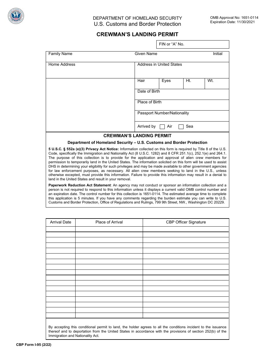CBP Form I95 Download Fillable PDF or Fill Online Crewman's Landing