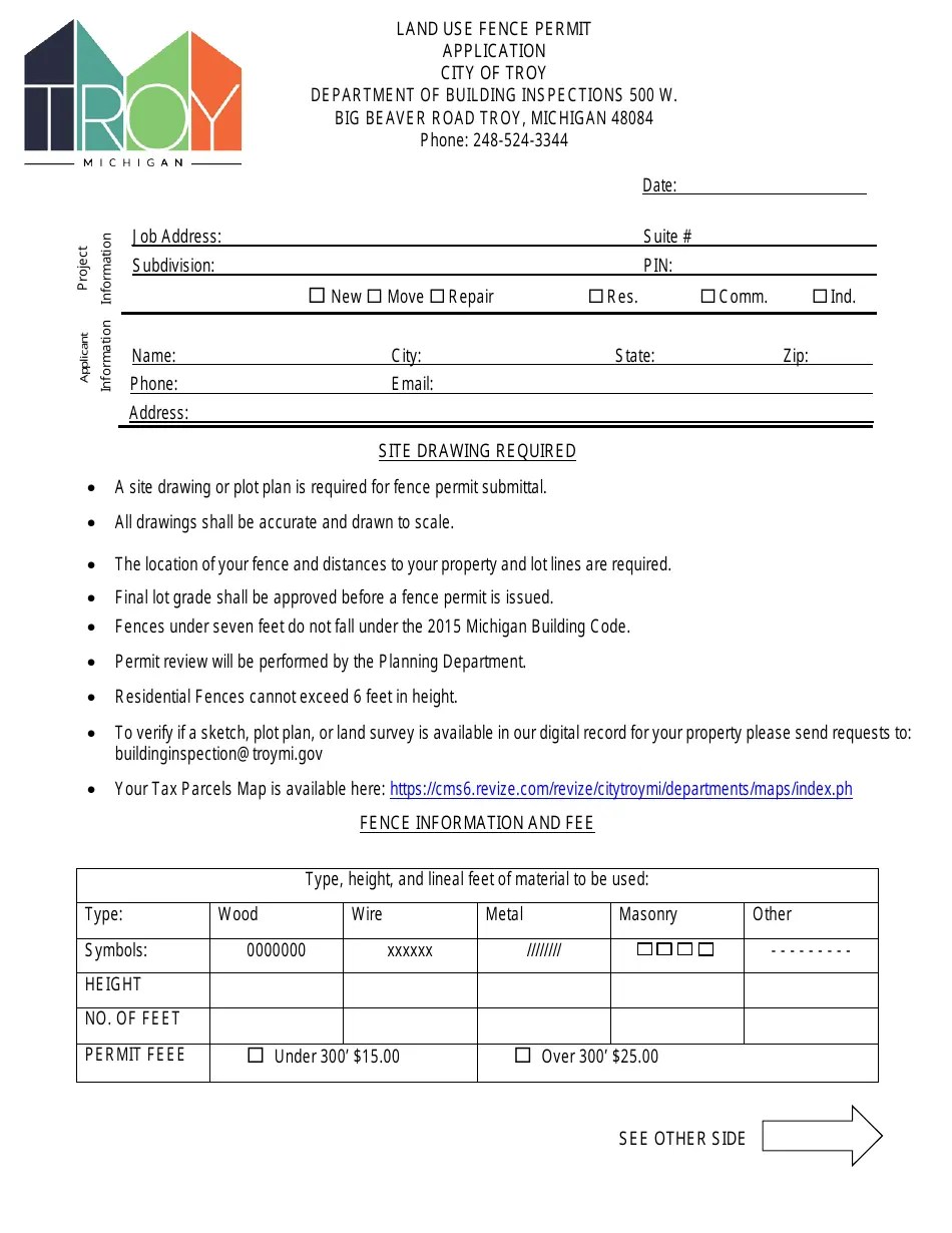 City of Troy, Michigan Land Use Fence Permit Application Fill Out