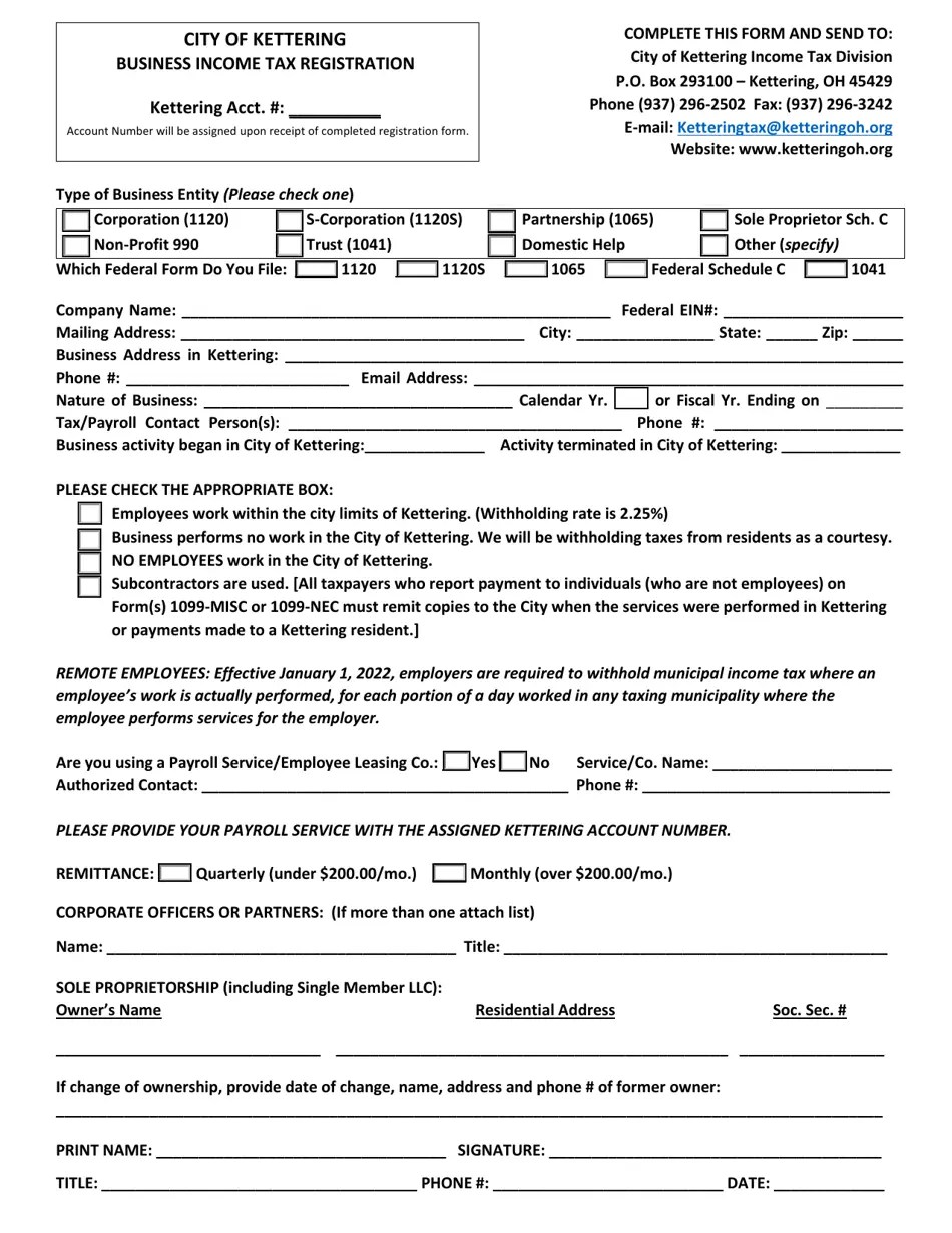 City of Kettering, Ohio Business Tax Registration Fill Out