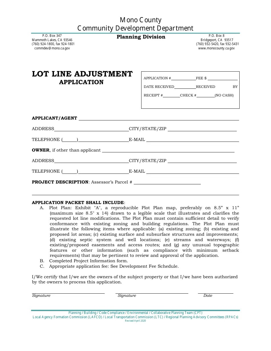 Mono County, California Lot Line Adjustment Application Fill Out
