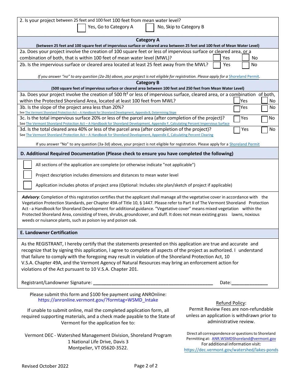 Vermont Shoreland Project Registration Application Fill Out, Sign Online and Download PDF